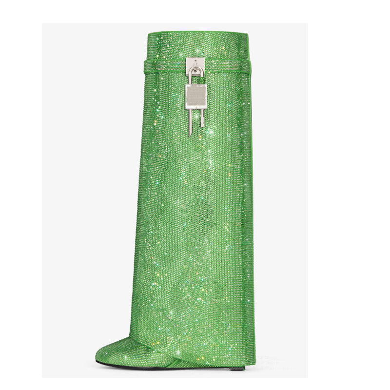 Round Toe Wedge Super High Heel Plus Rhinestone Lock Shark Buckle Knee-high Boots Green