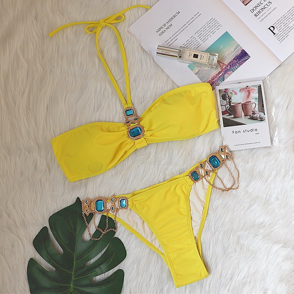 6 Colors New Sexy Bikini Luxe Crystal Diamond Chain - Halter Solid Swimwear Swimsuit Female Beach Bikinis Set Bathing Suit Yellow