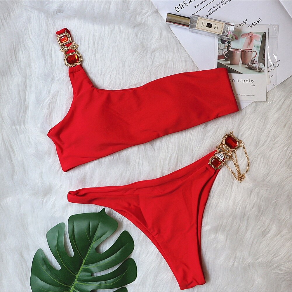 6 Colors Sexy Bikini Luxe Crystal Diamond Chain Solid Swimwear - Swimsuit Female Single Shoulder Bikinis Set Bathing Suit Red