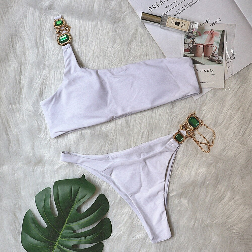 6 Colors Sexy Bikini Luxe Crystal Diamond Chain Solid Swimwear - Swimsuit Female Single Shoulder Bikinis Set Bathing Suit White