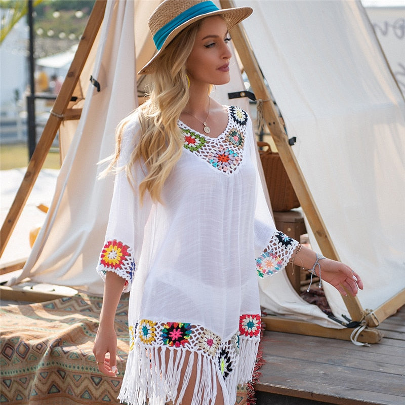 6 color Tassel Beach Cover Ups for Swimwear - White Tunic Sundress Blue Swim Outfits Knitted Cover-ups 2022 Bath Outlet