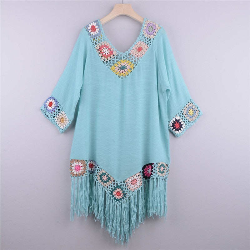 6 color Tassel Beach Cover Ups for Swimwear - White Tunic Sundress Blue Swim Outfits Knitted Cover-ups 2022 Bath Outlet Cyan One Size