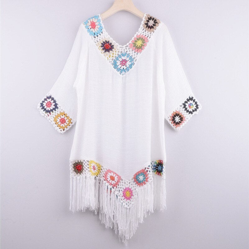 6 color Tassel Beach Cover Ups for Swimwear - White Tunic Sundress Blue Swim Outfits Knitted Cover-ups 2022 Bath Outlet White One Size