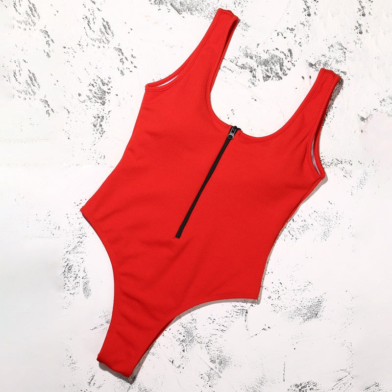 Solid color zipper stitching sexy swimsuit Red