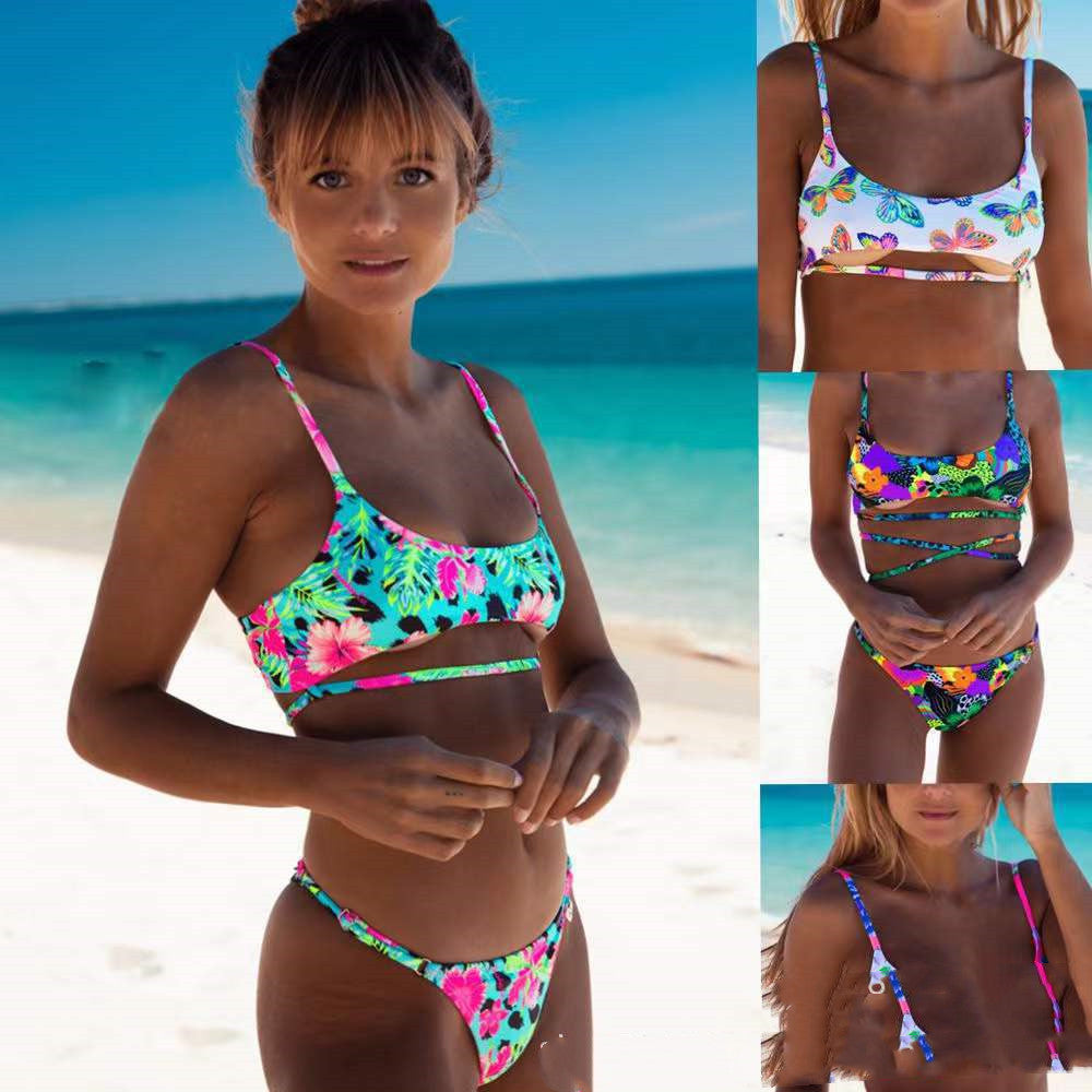 Bañador estampado de bikini multicolor con tirantes y lazo sin espalda