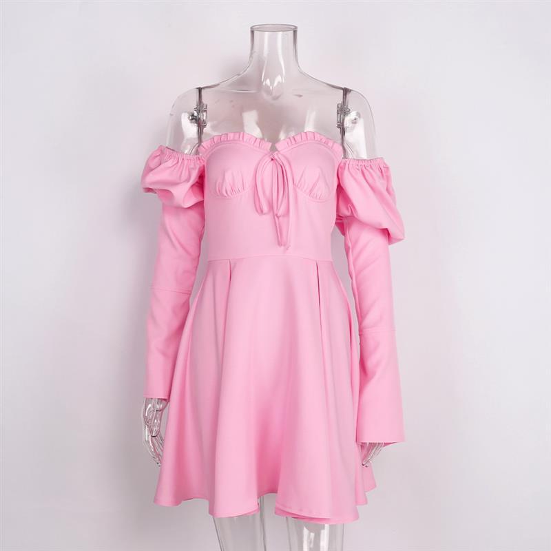 Waist-looking Glamorous Long-sleeved A-line Dress Pink