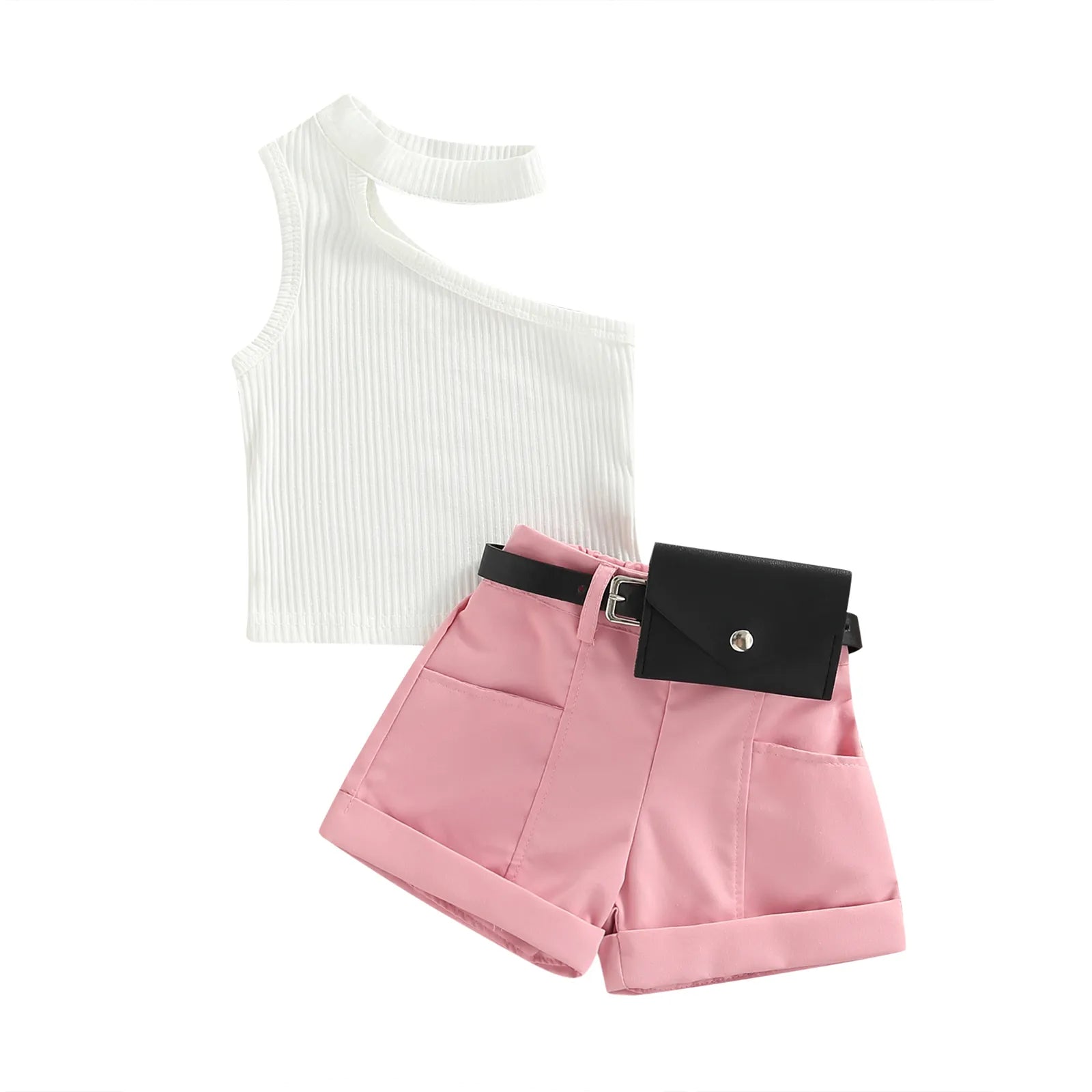 6m-4Y Kid Baby Girls Clothes Sets Toddler Infant Outfits Knit Sleeveless Tops Shorts Waist Pack Summer Clothing C