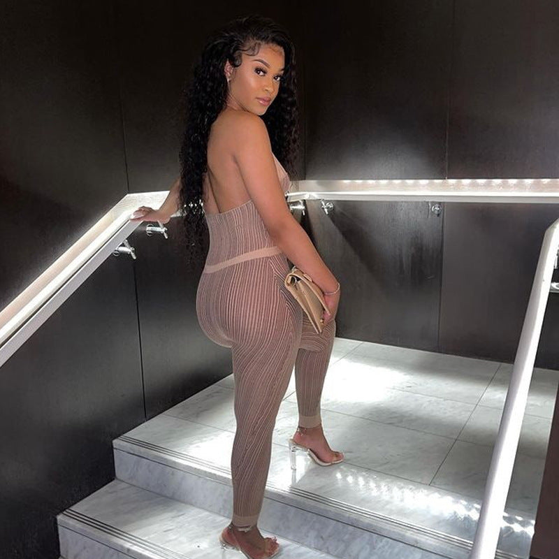 Printed Contrast Halter Bodysuit High Waist Hips Jumpsuit