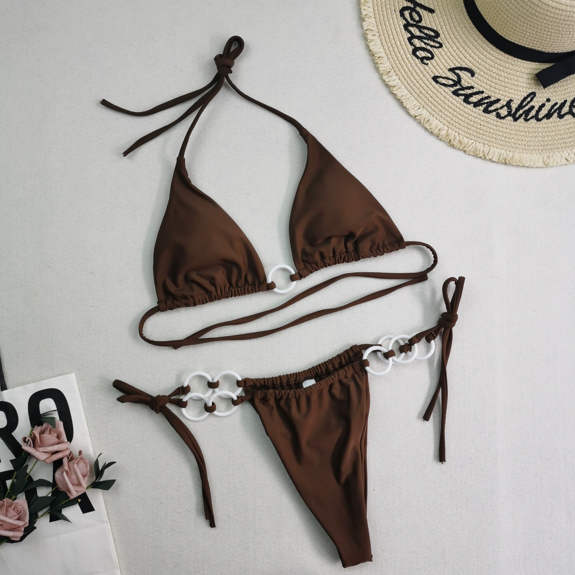 Women's Split Bikini Double Fabric Lace-up Swimwear Coffee
