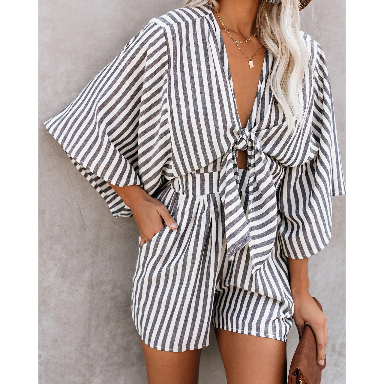 Sexy V-Neck Wide Loose Jumpsuit For Women At Home And Holiday Style Jumpsuit Black and white
