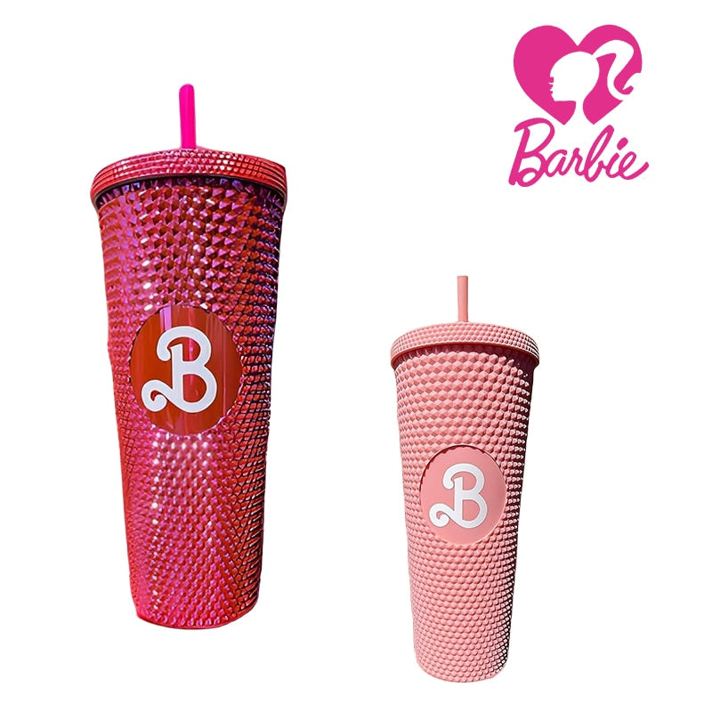 800Ml 2024 Barbie Party Pink Cup with Straw Kawaii Barbies Movie Accompanying Cups High Capacity Portable Drinking Bottle Gifts AMAIO