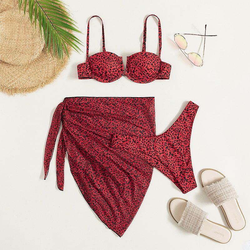 Three-piece Floral Bikini Beach Dress Red