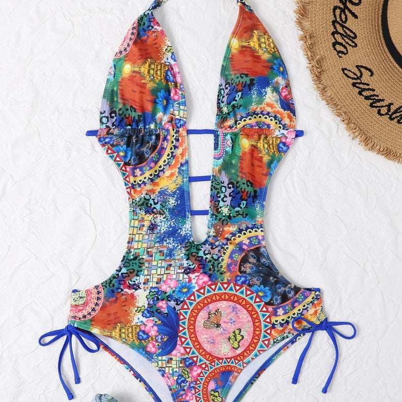 Women's Printed Lace Up High Waist Swimsuit Bikini