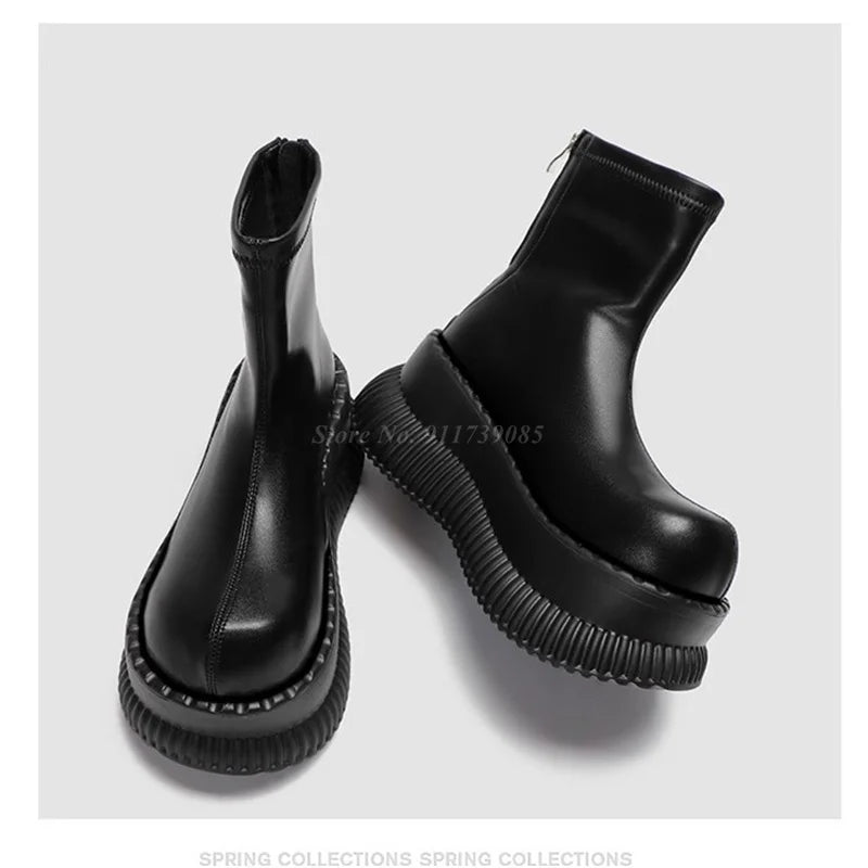 8cm Thick Soled Ankle Boots for Women Big Toe Black Leather Elastic Thin Sock Boots Street Fashion High Top Short Boots