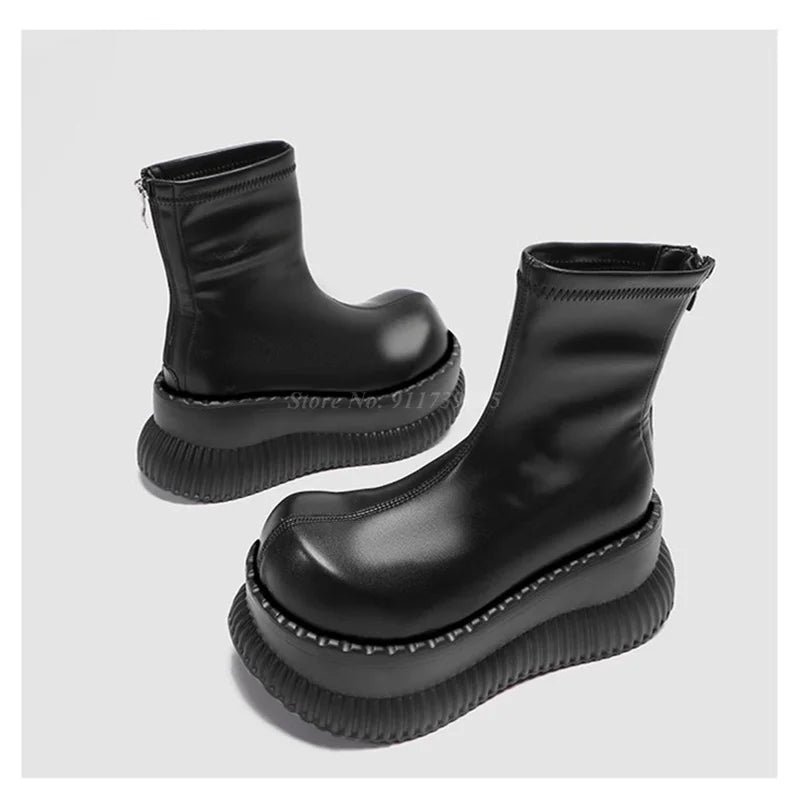 8cm Thick Soled Ankle Boots for Women Big Toe Black Leather Elastic Thin Sock Boots Street Fashion High Top Short Boots