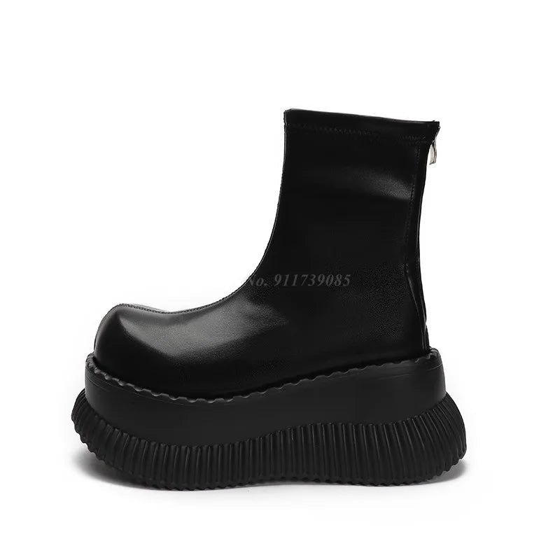 8cm Thick Soled Ankle Boots for Women Big Toe Black Leather Elastic Thin Sock Boots Street Fashion High Top Short Boots
