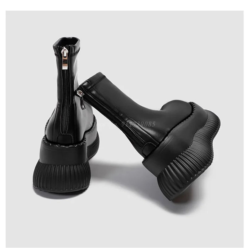 8cm Thick Soled Ankle Boots for Women Big Toe Black Leather Elastic Thin Sock Boots Street Fashion High Top Short Boots