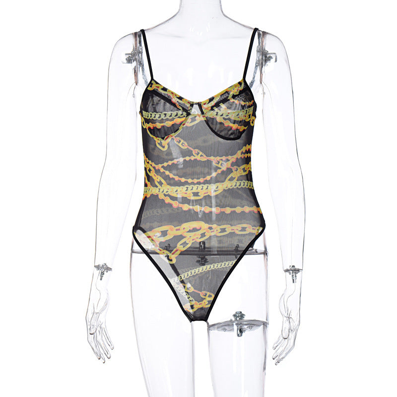 Women's Fashion V-Neck Sling Print Bodysuit