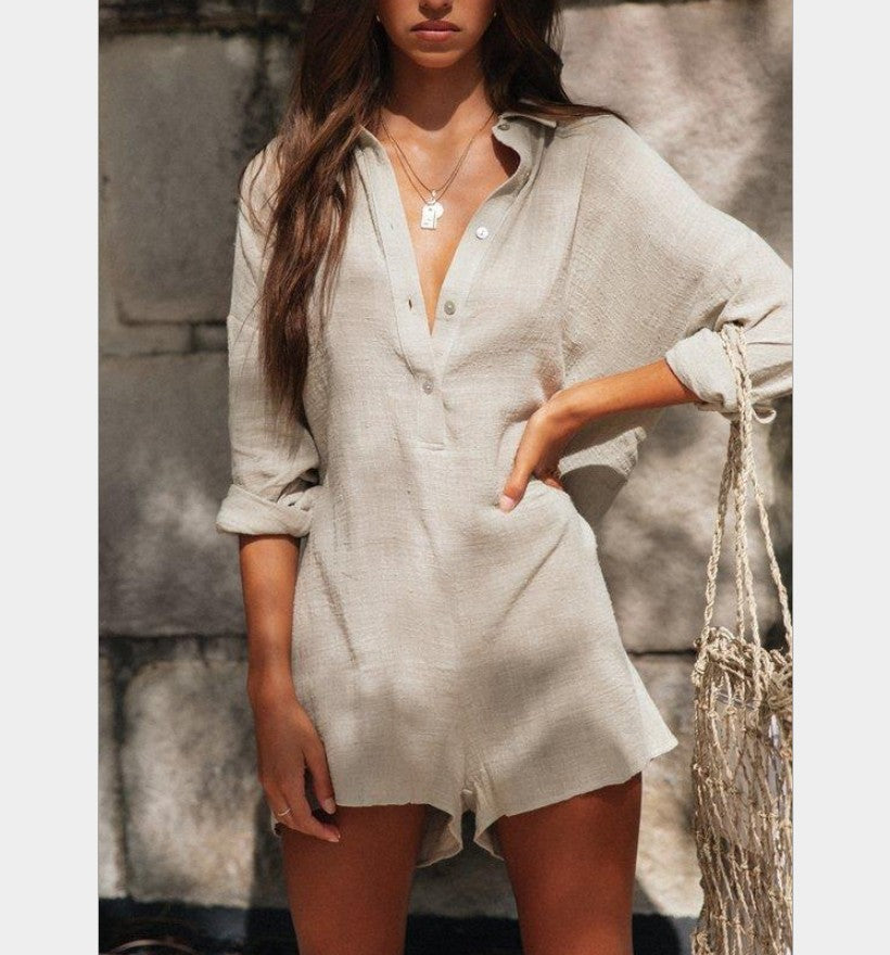 Summer Fashion Casual Loose Cotton And Linen Jumpsuit