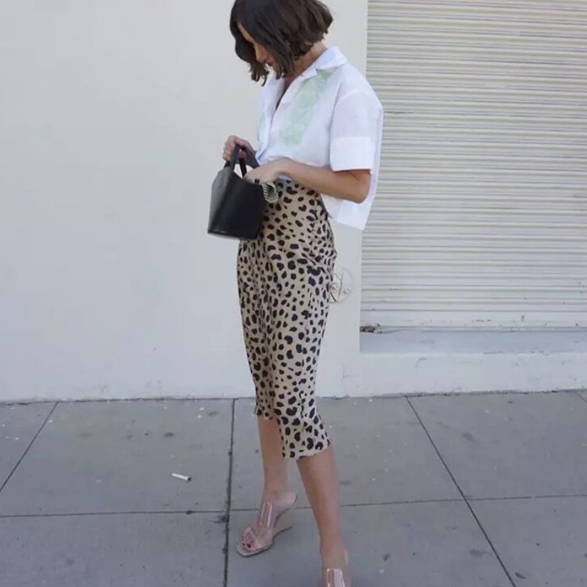 Wild leopard heavyweight anti-silk satin fishtail slim high waist skirt