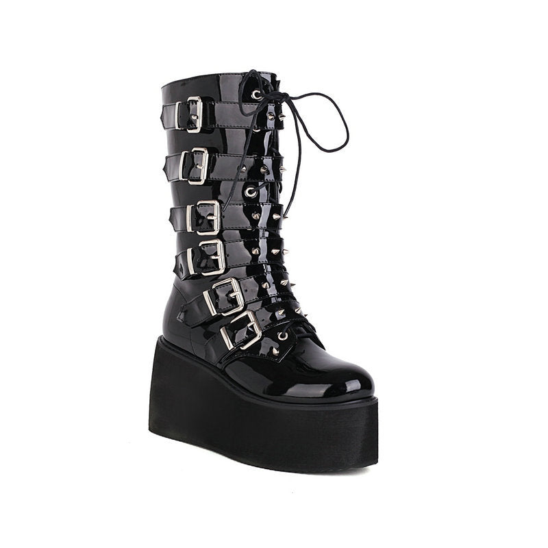 Women's British-style Platform Black Rivet Boots Black Patent Leather