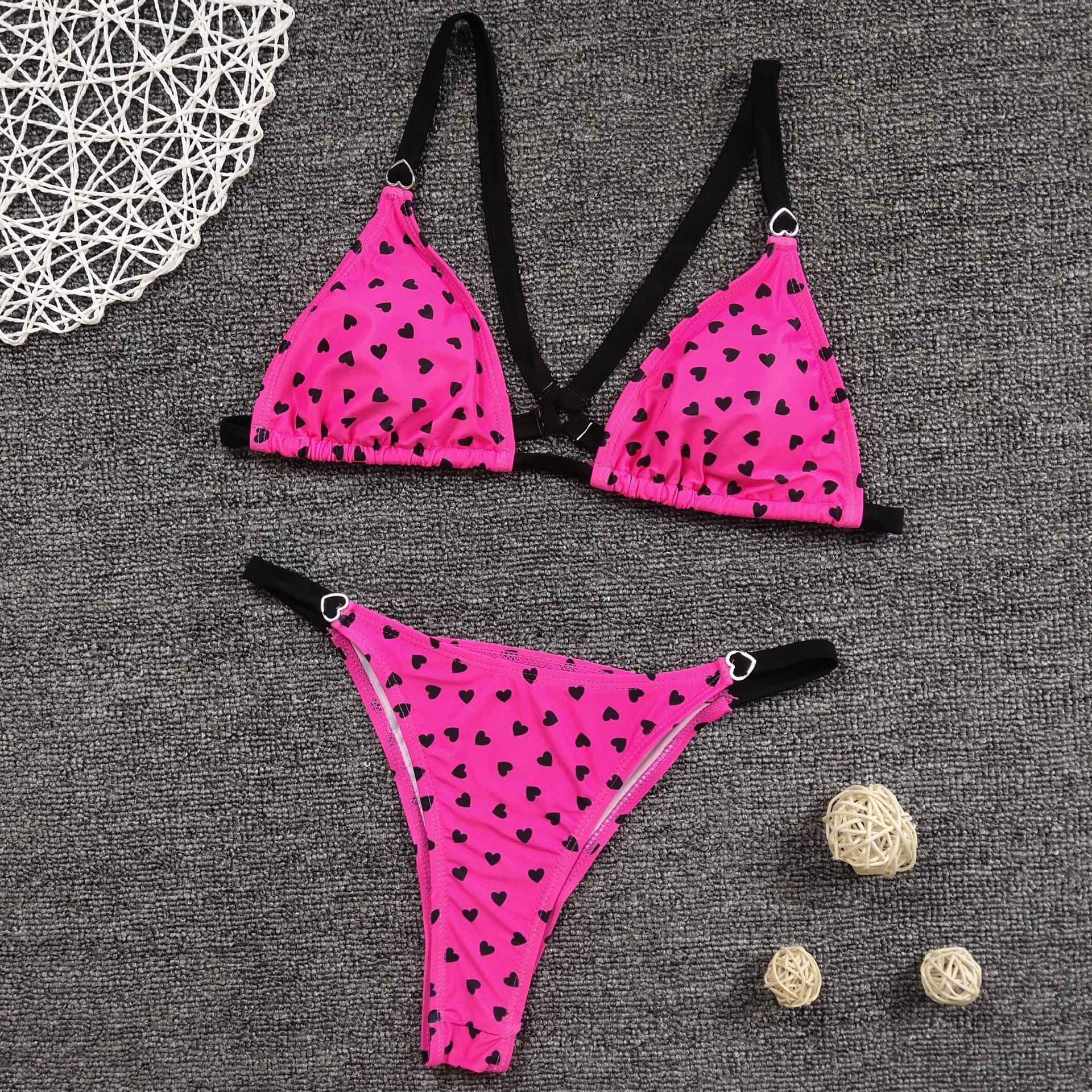 Women's Split Bikini Three-point Fluorescent Print Swimsuit Pink