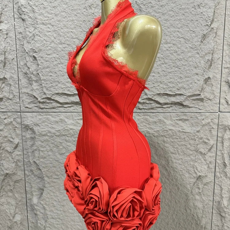 2015 Summer New Red Sexy Hanging Neck Deep V-neck Heavy duty Flower Mini Bandage Dress Sexy Fashion Party Dressn