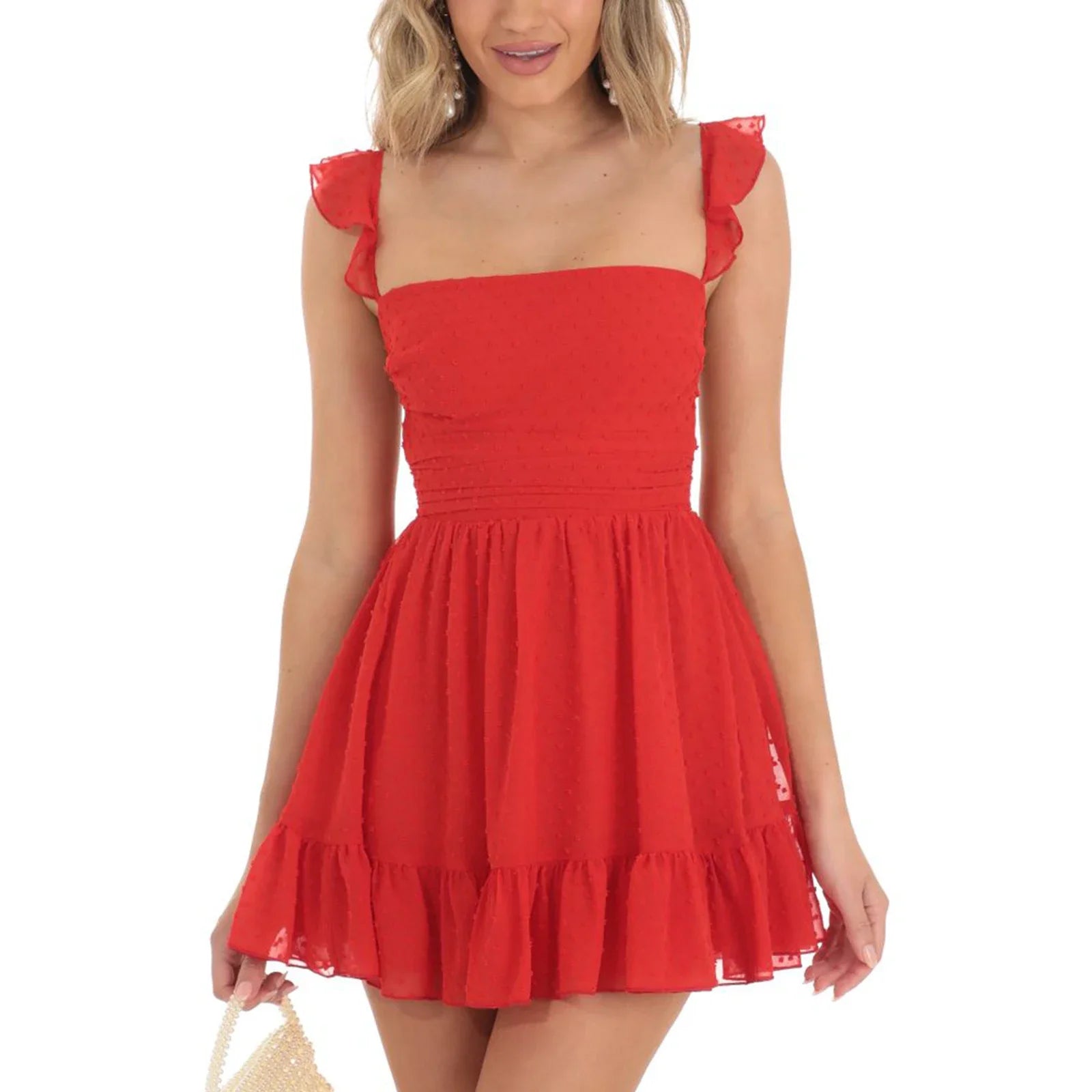 Elegant Women Summer Lace Floral Patchwork Corset Mini Dress Sleeveless Square Neck Tie-up Short Tank A-line Flowy Party Dress Red 2
