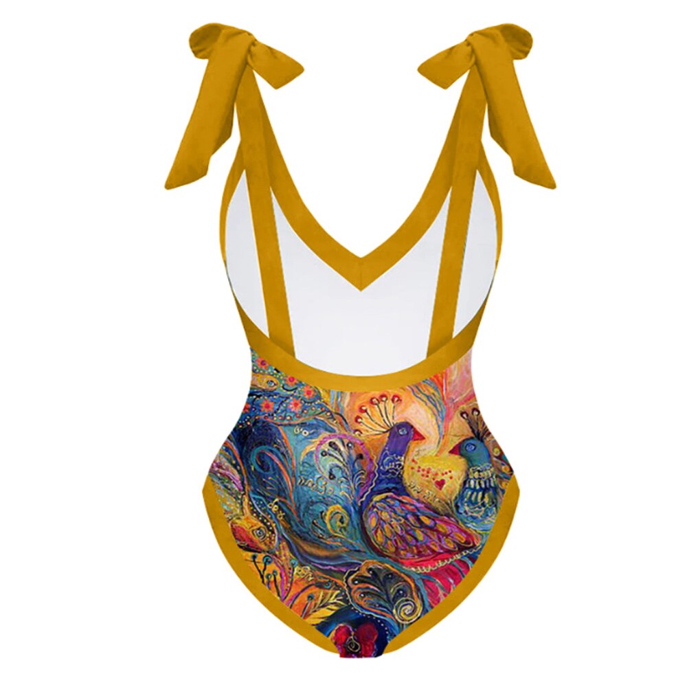 Women One Piece Swimsuit with Skirt Golden Swimwear Cover Up Female Retro Holiday Beach Dress Summer Surf Wear