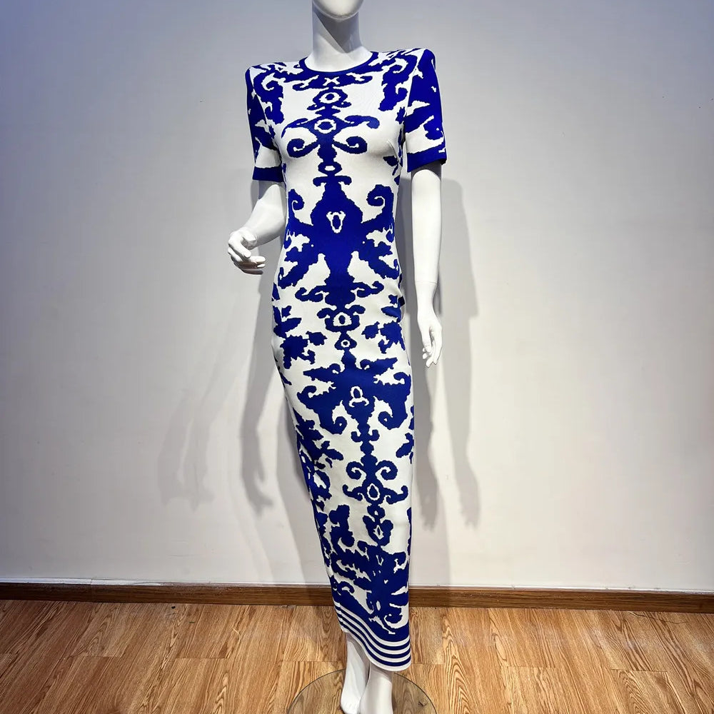 2024 Summer Women's Fashion Printed Bandage Dress Sexy Short sleeved Round Neck Chinese Style Long Dress Elegant Party Dress Blue