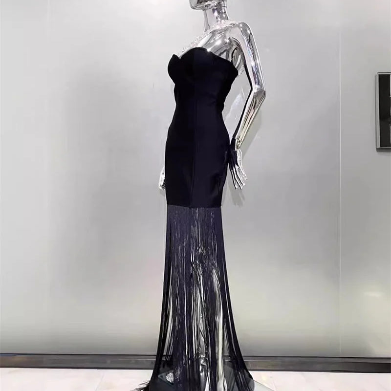 2024 Summer Women New Black Sexy One Shoulder Diamond Sleeveless Bodycon Bandage Dress Elegant Fashion Tassel Long Dress