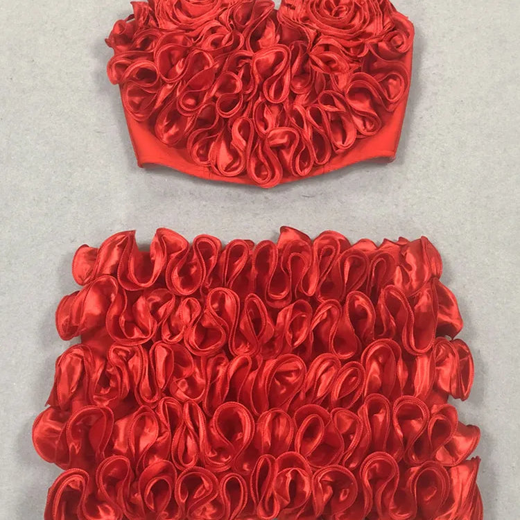 Women Summer Sexy Strapless Zipper Red Flower Mini Two Pieces Skirt Bandage Set 2025 Celebrity Designer Fashion Women's Set