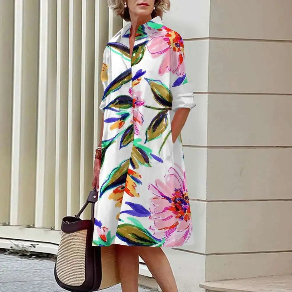 Women's Elegant Shirt Dresses Fall Fashion Floral Long Sleeve Loose A-Line Dresses Women's Office Ladies Red Green Lapel Gowns