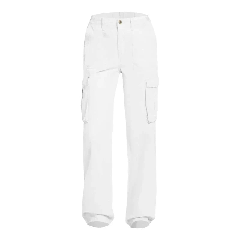 Fashion Women Cargo Pants Straight Fit Baggy Wide Leg High Waist Pants Y2K Pockets Retro Street Style Casual Trousers White