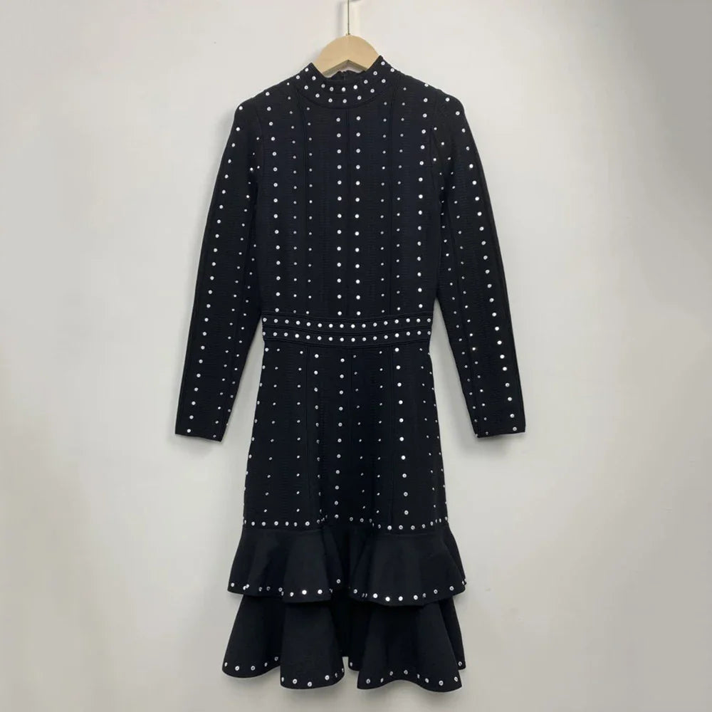 Ailigou New Women's Black Sexy Luxury Diamond Knitted Mini A-line Dress Long sleeved Ruffle Edge Layered Formal Party Dress black