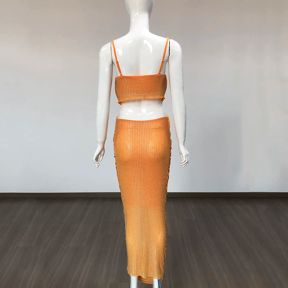 High Street Summer Orange Sexy Spaghetti Straps Short Top +High Waist Pencil Skirt 2 Piece Set Vintage