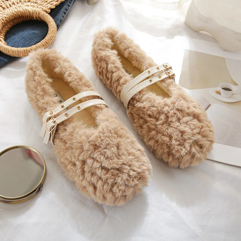2023 winter women's plush warm shoes Korean style pump loafers party and work wear Ladies' casual flats mary jane boat shoes