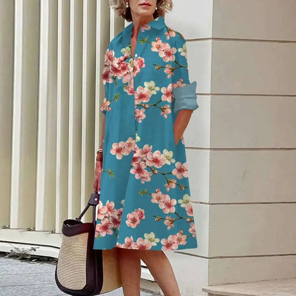 Women's Elegant Shirt Dresses Fall Fashion Floral Long Sleeve Loose A-Line Dresses Women's Office Ladies Red Green Lapel Gowns A9SZXG248291339