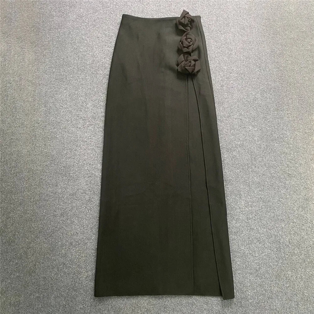 2024 summer new women's clothing red three-dimensional flower high slit bandage long skirt half skirt elegant fashion party wear black