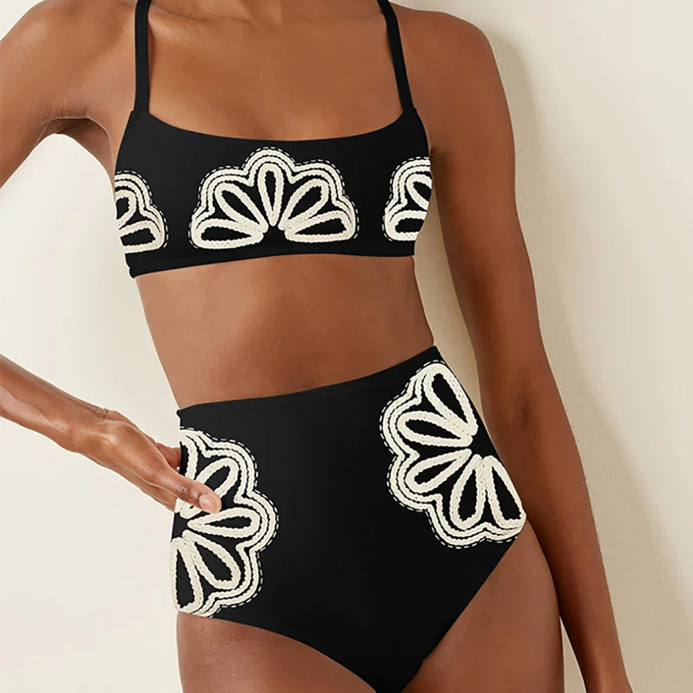 Bathing Suit Women Black Simple Print Fashion Swimsuit Sexy Printed Bikini High Waist Swimwear Two-piece and Skirt Beach Outfits