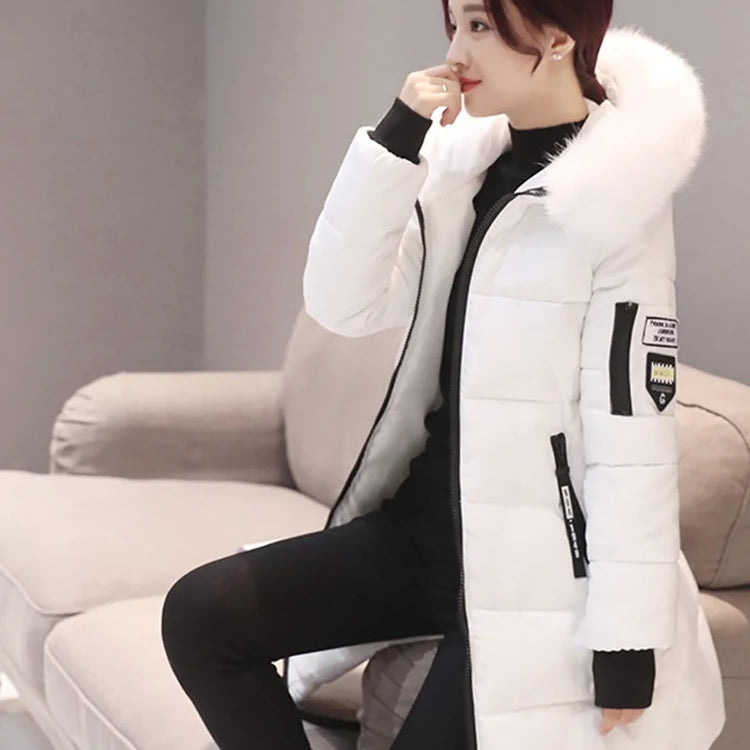 Women Winter Fur Collar Hooded Parka Fashion Letter Patch Zipper Pockets Design Long Jacket Elegant Slim Warm Thick Female Coats White