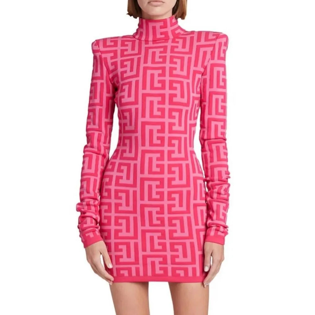 Black Full Sleeve Jacquard Mini Bandage Dress 2021 Celebrity Designer Fashion Evening Party Dress Rose Red 170