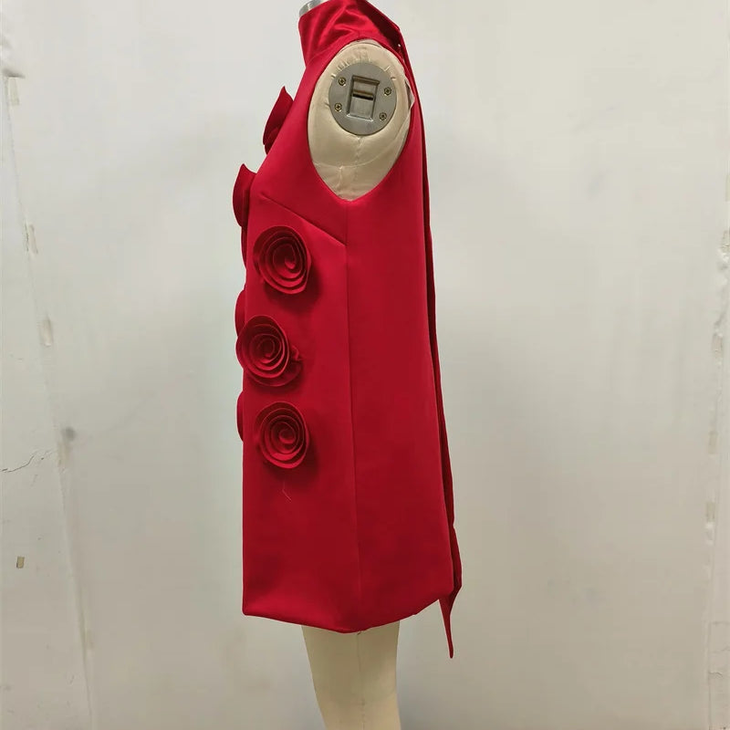 2024 Women summer new red stand up collar lace up flower design sleeveless three-dimensional flower dress elegant fashion party