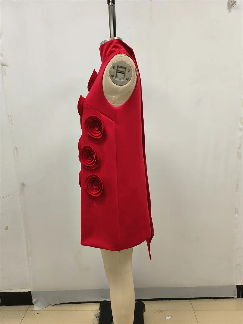 2024 Women summer new red stand up collar lace up flower design sleeveless three-dimensional flower dress elegant fashion party