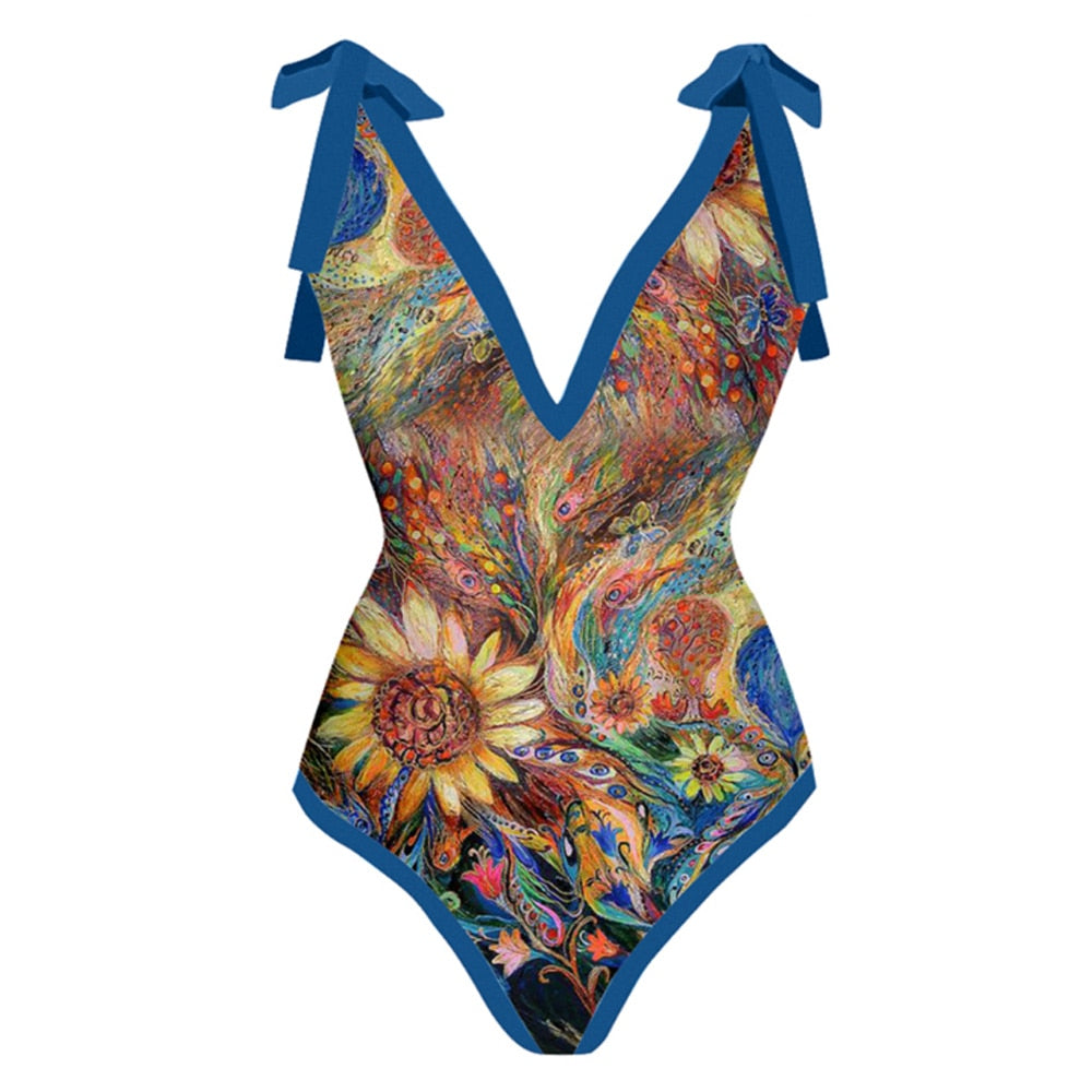 Women One Piece Swimsuit with Skirt Swimwear Cover Up Retro Holiday Beach Dress Backless Summer Elegant Surf Wear Bathing Suit Blue