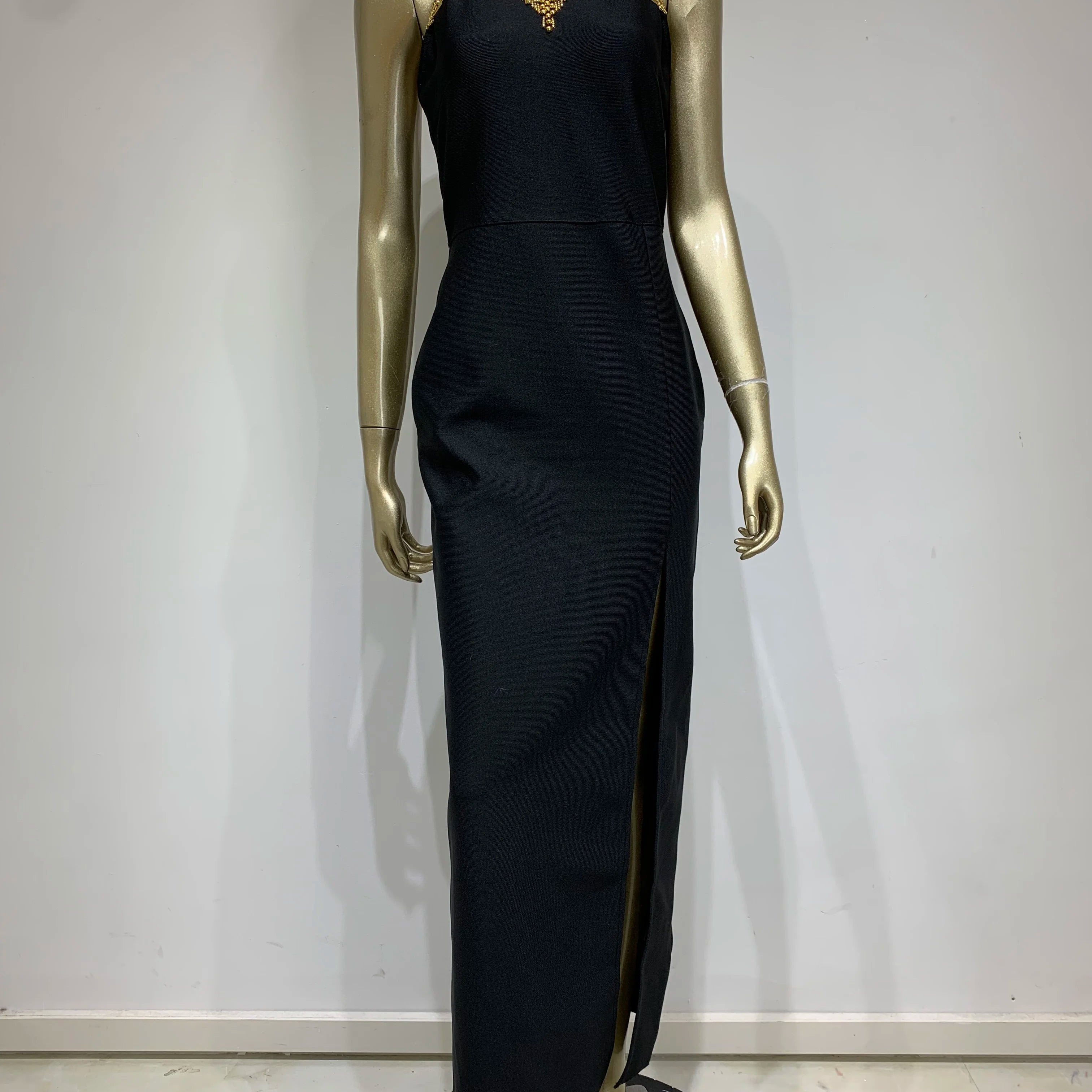 Women Celebrity Sexy Turtleneck Beading Patchwork Black Maxi Long Bodycon Bandage Dress 2025 Elegant Evening Club Party Outfit