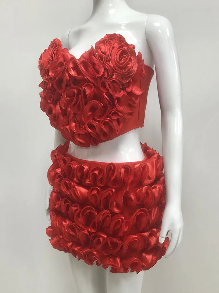 Women Summer Sexy Strapless Zipper Red Flower Mini Two Pieces Skirt Bandage Set 2025 Celebrity Designer Fashion Women's Set