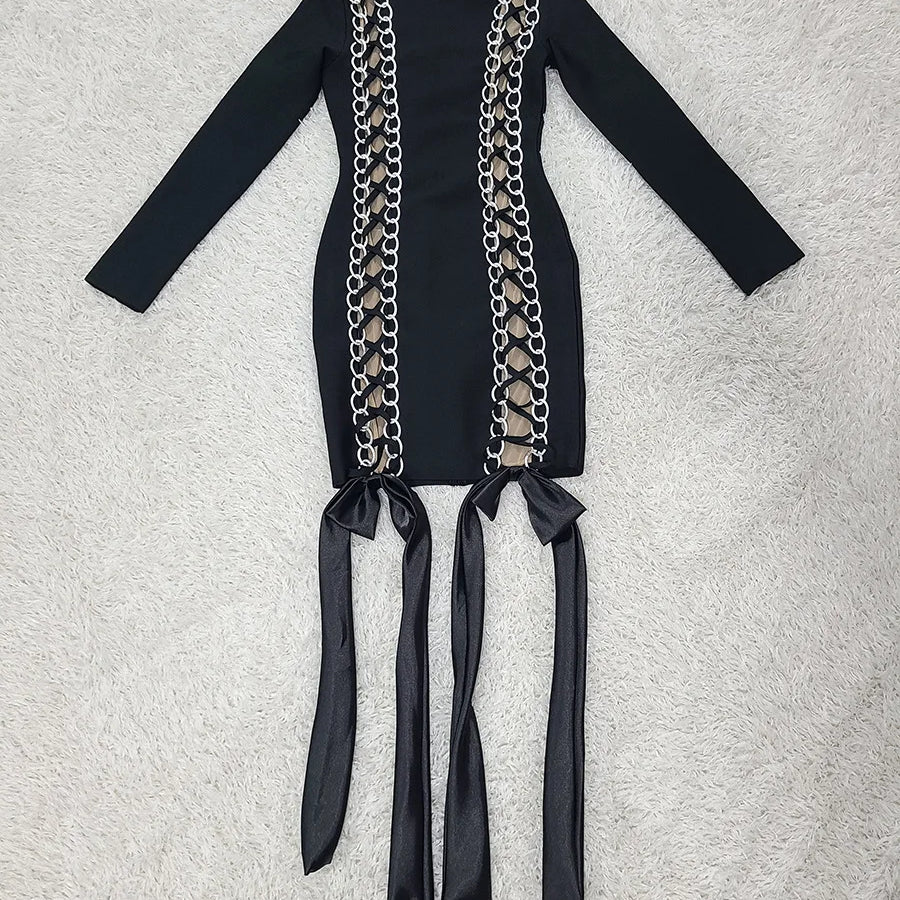 New Women Celebrity Sexy Long Sleeve Lace Up Black Mini Bodycon Bandage Dress 2025 Elegant Evening Club Party Outfit