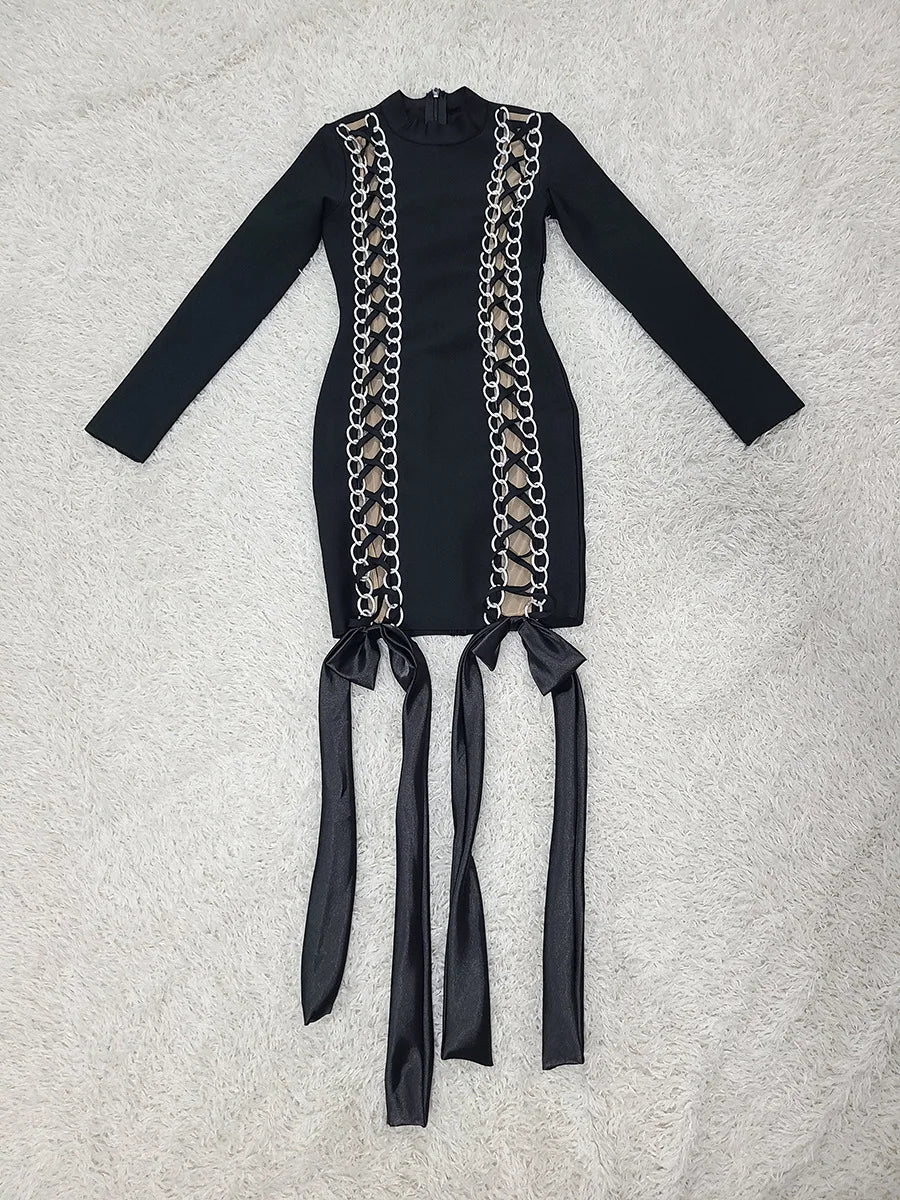 New Women Celebrity Sexy Long Sleeve Lace Up Black Mini Bodycon Bandage Dress 2025 Elegant Evening Club Party Outfit