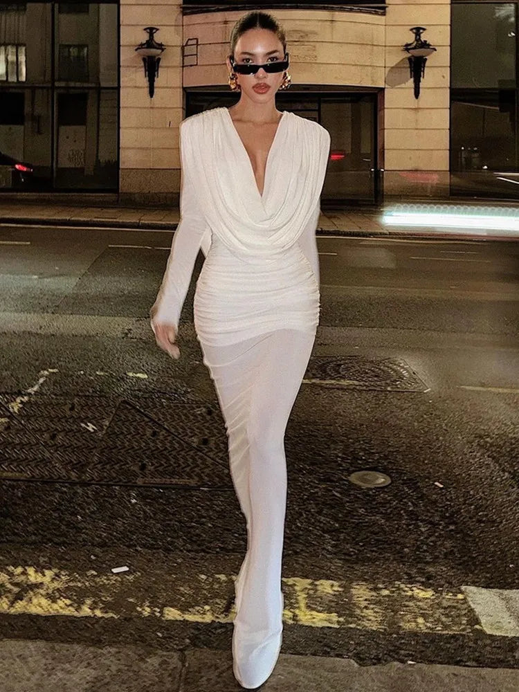 Women Celebrity Sexy Long Sleeve Deep V Neck Ruched White Maxi Long Gowns Dress 2025 Elegant Evening Party Club Vestido